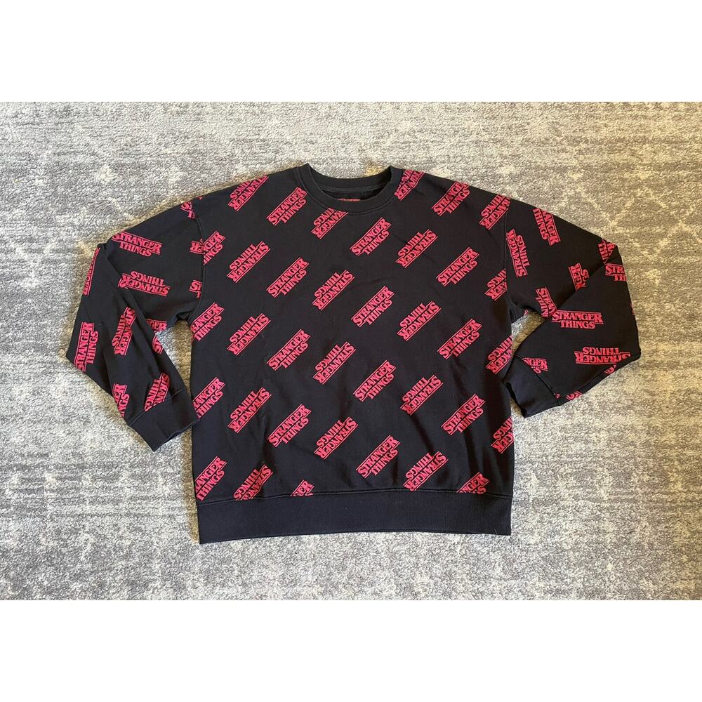 Stranger Things Unisex L Sweatshirt Black Logo Text Long Sleeve Crew Neck EUC B9